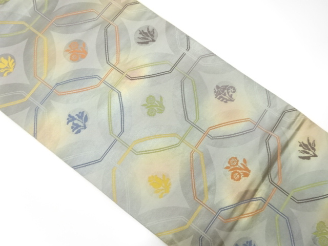 アンティーク　幾何学に花丸文様織り出し暈し袋帯（着用可）